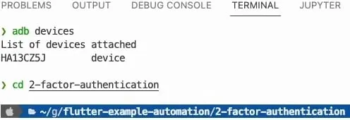 Terminal output of the command  raw `adb devices` endraw .