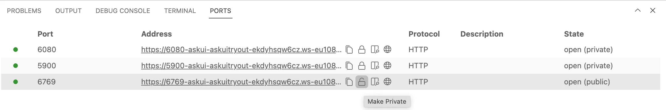 Ports tab in Visual Studio Code. Shows columns Port, Address, Protocol, Description and State. Three ports are registered: 6080, 5900, 6769. They have a copy, lock, view side-by-side and a browser icon in the Address column. Protocal is HTTP for each. No Description for each. State is open (private) for each. Lock for Port 6769 is open.