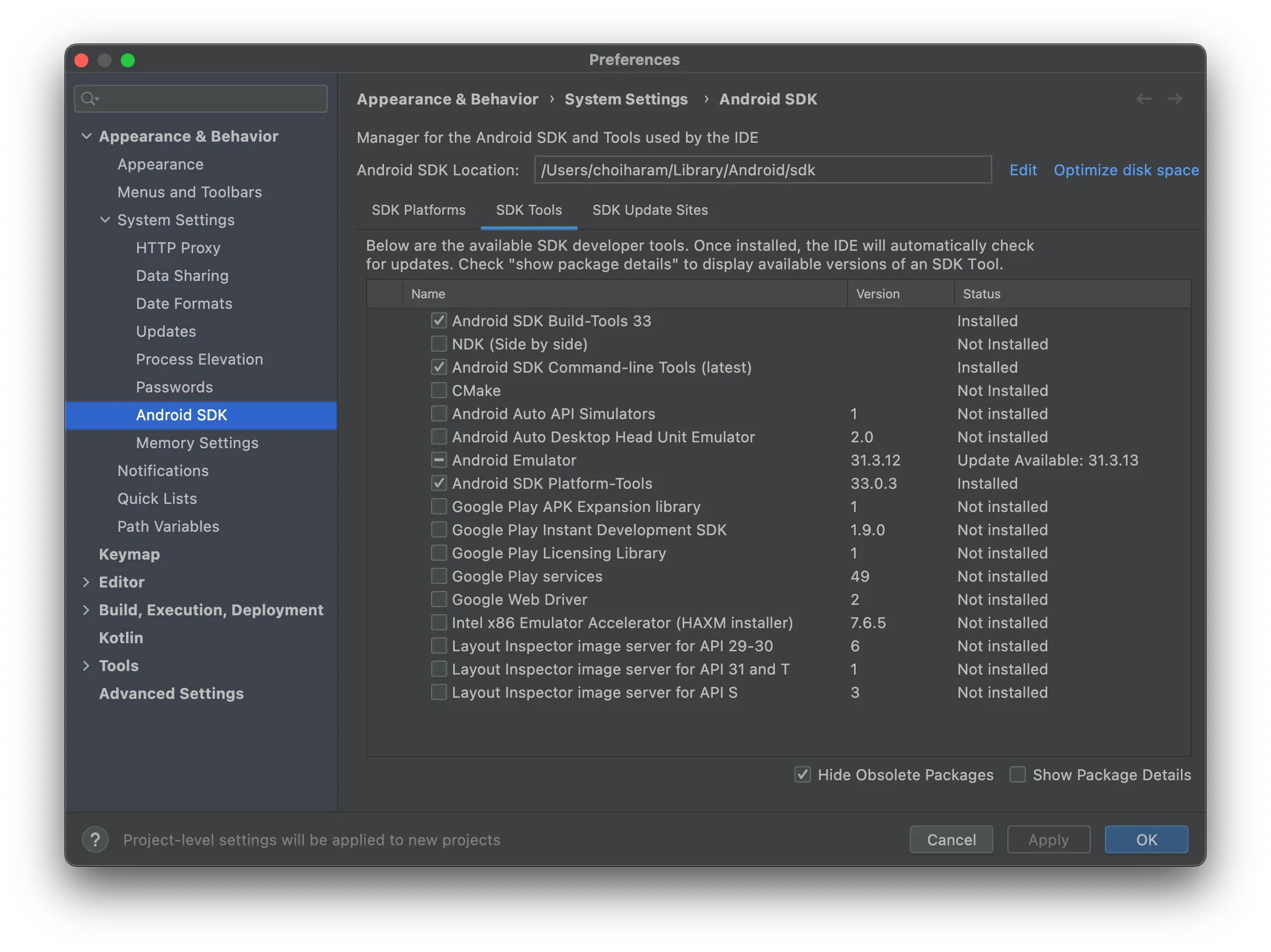 The SDK Tools tab listing available development tools