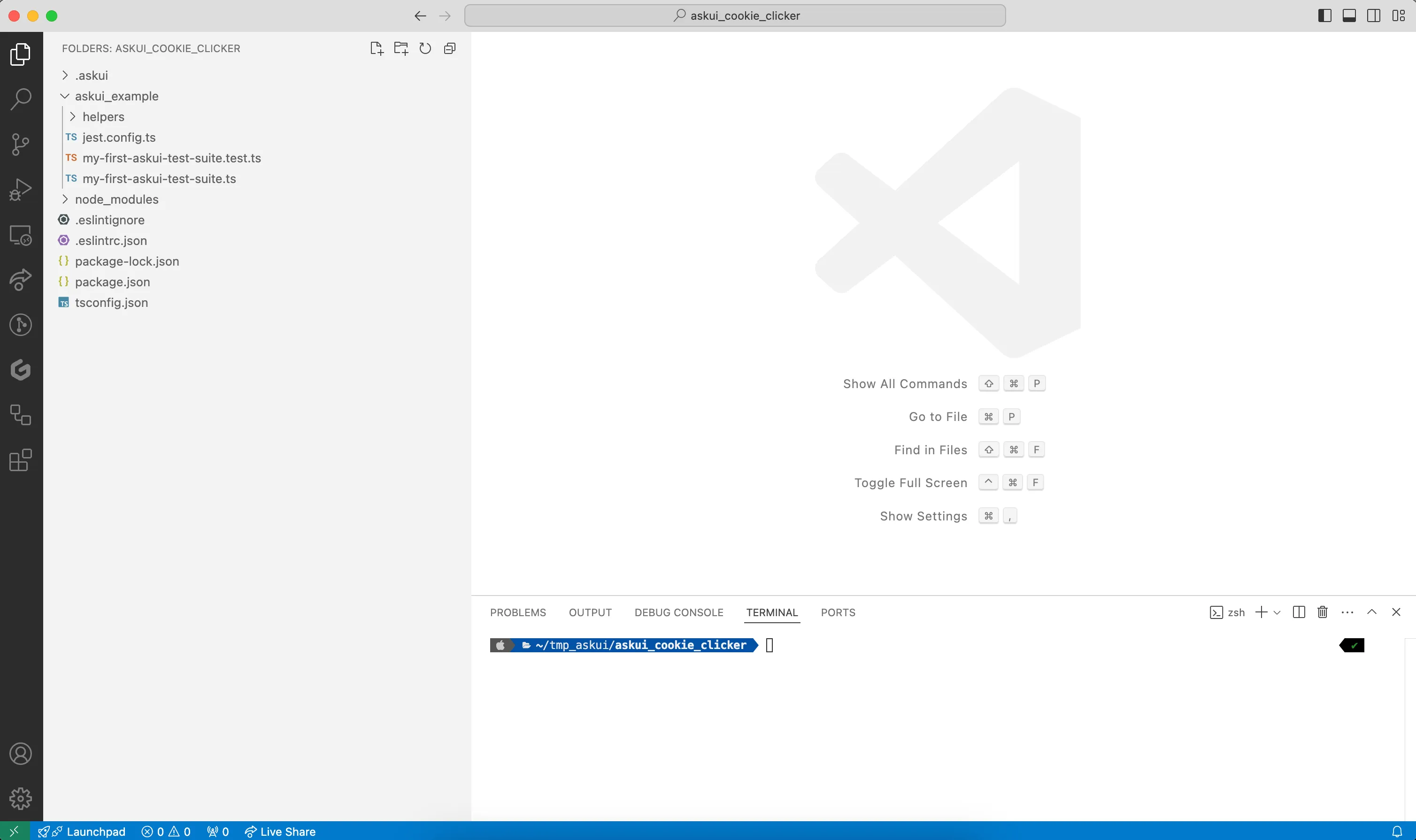 Visual Studio code opened with freshly setup AskUI project.