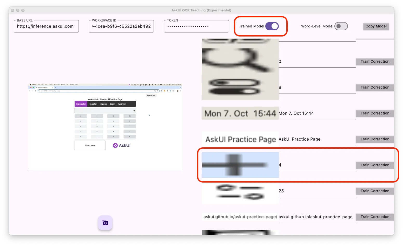 The image shows a user interface of the AskUI OCR Teaching (Experimental) software on a light purple background. At the top, there are sections labeled "BASE URL," "WORKSPACE ID," and "TOKEN," followed by a toggle switch labeled "Trained Model," which is turned on, and another switch labeled "Word-Level Model" that is off. The main view contains a screenshot of a web page titled "AskUI Practice Page," featuring a digital calculator with a grid of numbers and function buttons. On the right side, there are several blurred images with corresponding time stamps and text snippets, each with a "Train Correction" button next to them. One of the images is highlighted with a red border, emphasizing it for further focus or correction.