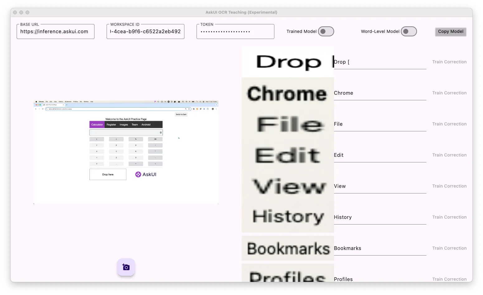 The image depicts an interface of the AskUI OCR Teaching tool. On the left, there's a screenshot of a webpage displaying a basic calculator with buttons and tabs labeled "Calculator," "Register," "Images," "Team," and "Android." On the right, there is a list with text options like "Chrome," "File," "Edit," "View," "History," "Bookmarks," and "Profiles." Above, there are toggle switches labeled "Trained Model" and "Word-Level Model" which are turned off, and a button labeled "Copy Model." The workspace ID and base URL are visible at the top left corner of the interface.