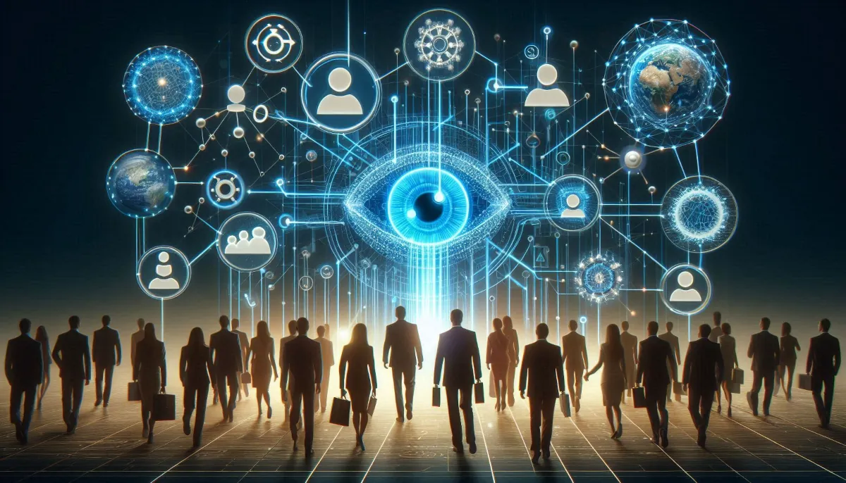 The image depicts a futuristic scene where silhouettes of people are walking towards a large digital eye surrounded by interconnected network nodes and icons. These icons represent human figures, the Earth, and technological elements, suggesting themes of connectivity and surveillance in a digital age. The glowing effect and grid-like floor enhance the notion of a technologically advanced environment. The central eye symbolizes the pervasive nature of digital observation and data gathering.