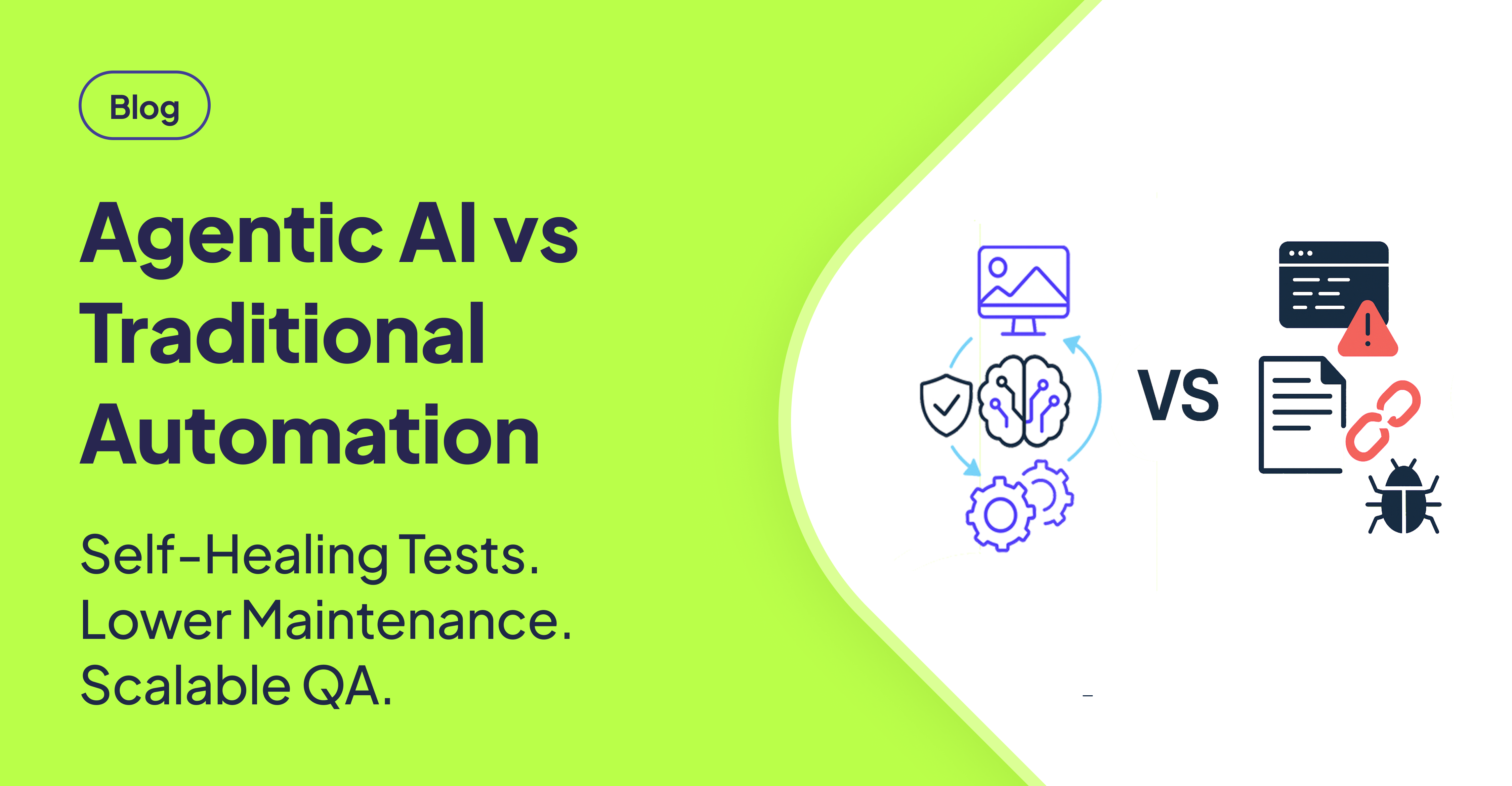 Illustration comparing Agentic AI and Traditional Test Automation: self-healing adaptive AI vs fragile scripted automation with bugs and failures