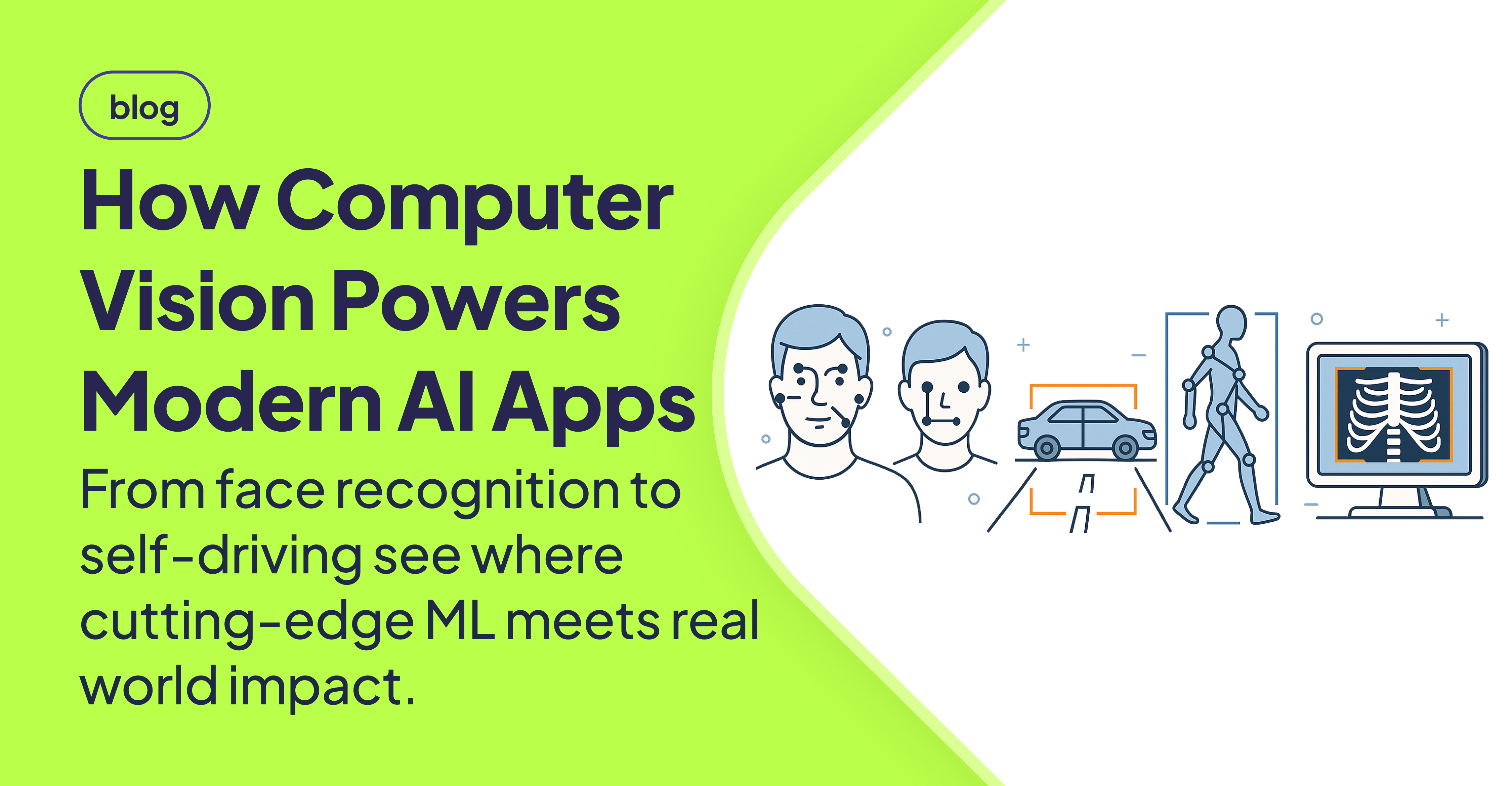 Illustration of computer vision applications showing face recognition, car detection for self-driving, human pose tracking, and X-ray analysis, with the headline 'How Computer Vision Powers Modern AI Apps