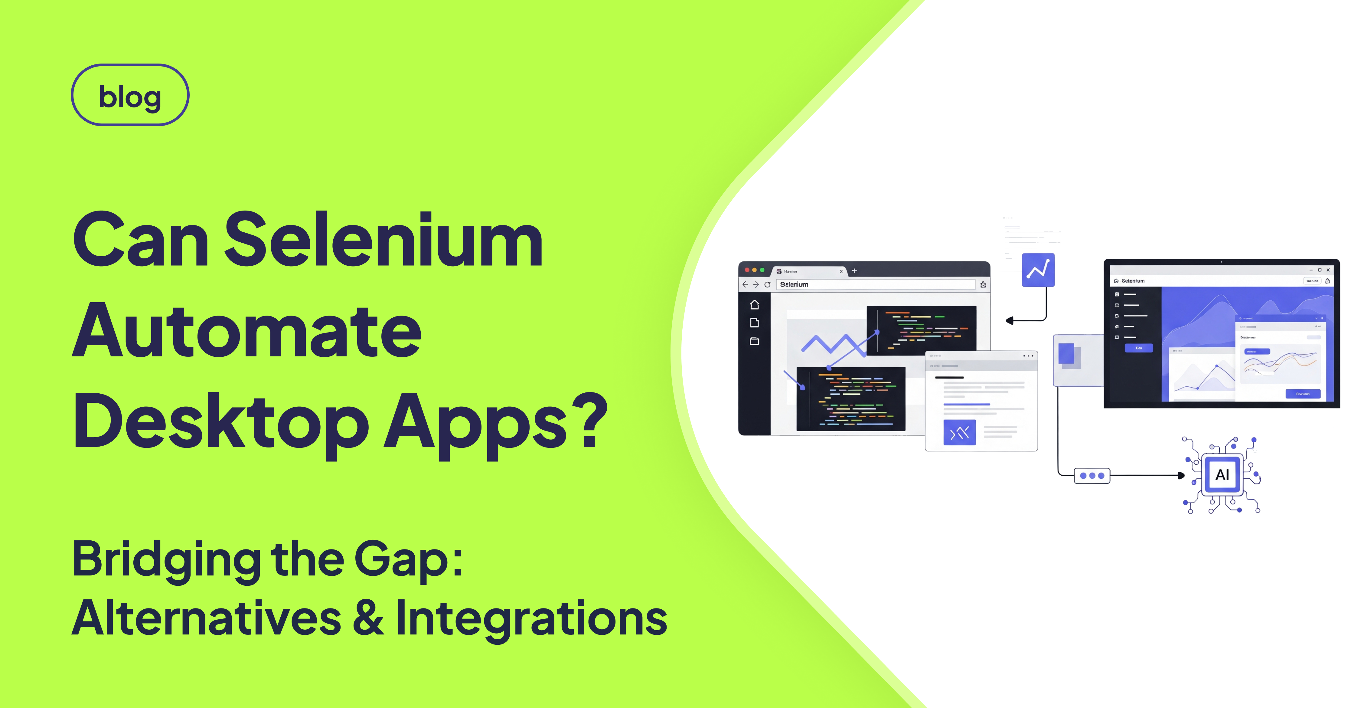 Illustration showing Selenium automation flow with code, graphs, and AI integration; headline reads ‘Can Selenium Automate Desktop Apps? Bridging the Gap: Alternatives & Integrations