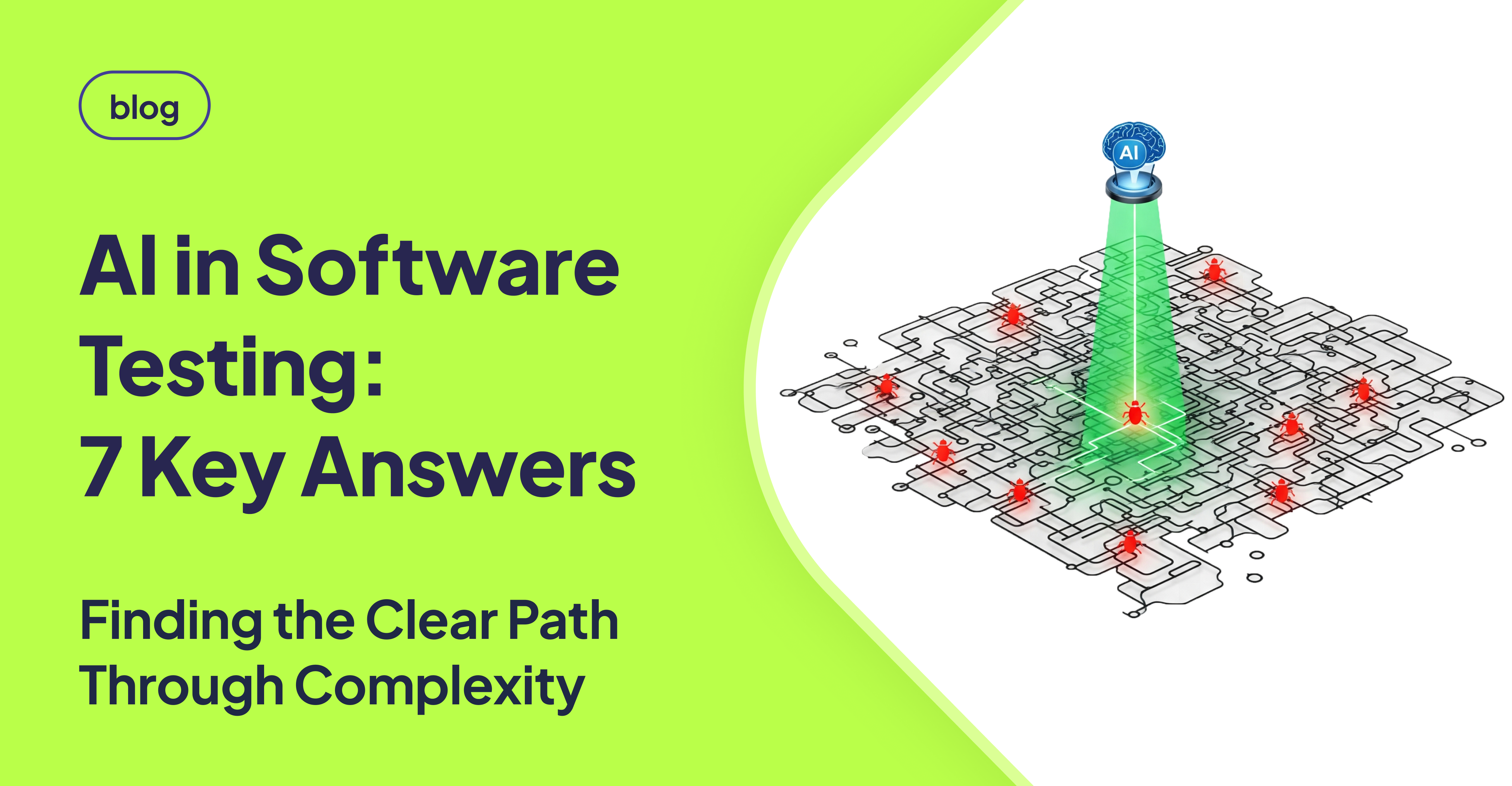 AI in software testing illustration showing an AI system scanning a maze of bugs, highlighting 7 key answers for QA automation.