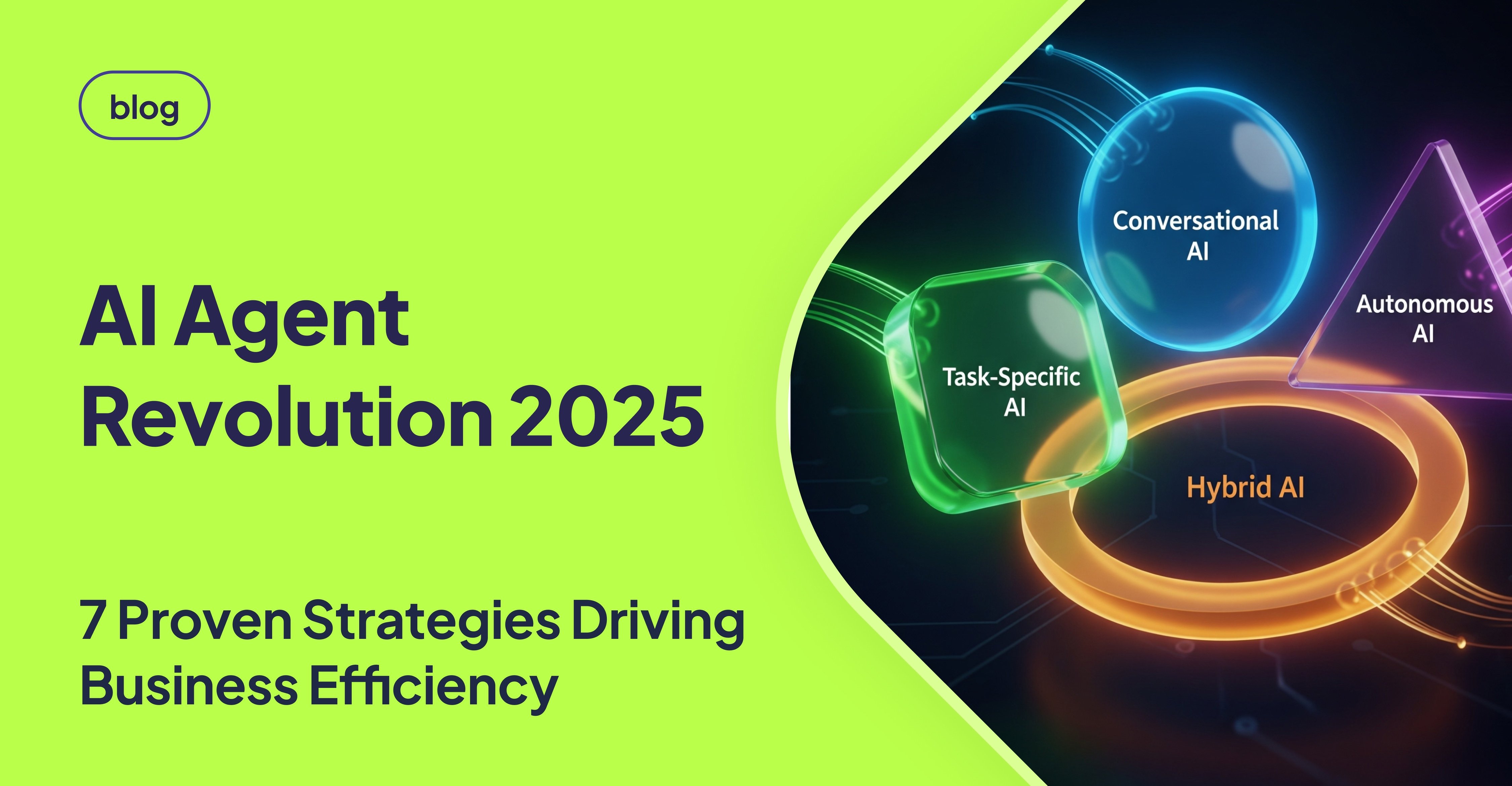 Futuristic abstract thumbnail showing four glowing shapes symbolizing AI agent types: a blue sphere for Conversational AI, a green cube for Task-Specific AI, a purple triangle for Autonomous AI, and an orange ring for Hybrid AI, alongside the blog title “AI Agent Revolution 2025 – 7 Proven Strategies Driving Business Efficiency