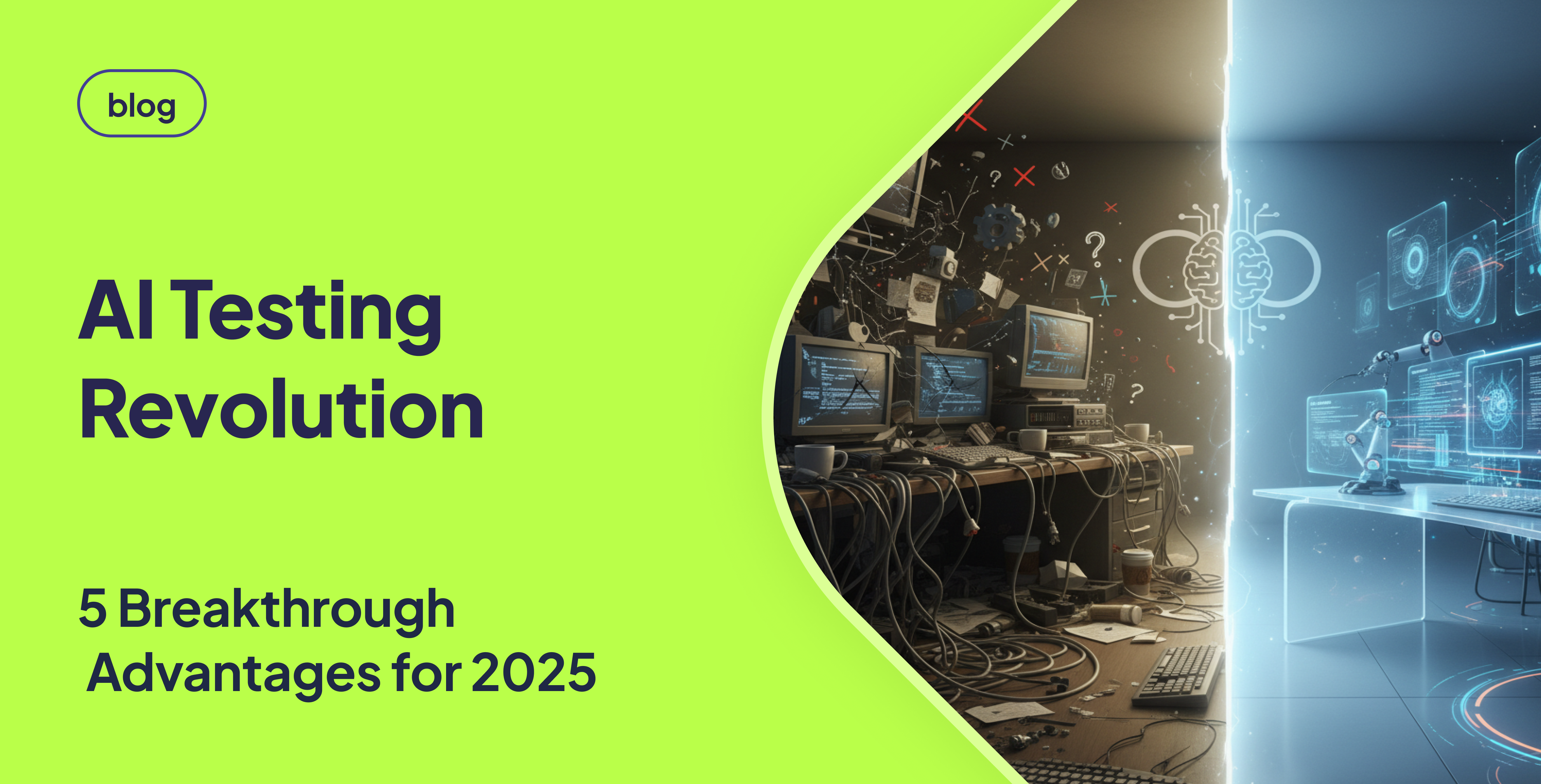 Split-screen illustration contrasting traditional manual software testing with messy desks and broken monitors on the left, and futuristic AI-powered automated testing with holographic interfaces and robotic arms on the right. Blog thumbnail with title ‘AI Testing Revolution: 5 Breakthrough Advantages for 2025’ on a bright green background.