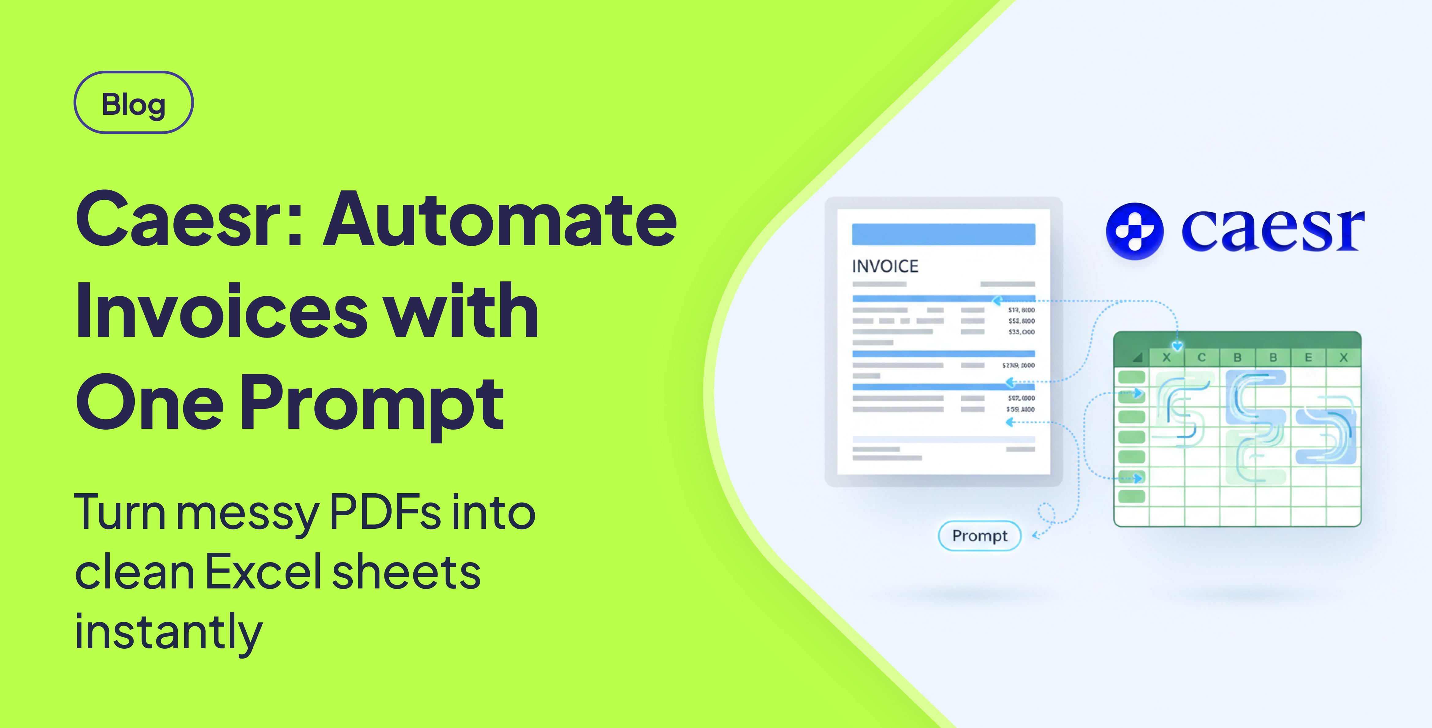 Automation concept: invoice document on the left connected by arrows to an Excel sheet on the right, representing Amy turning invoices into structured data with one prompt.