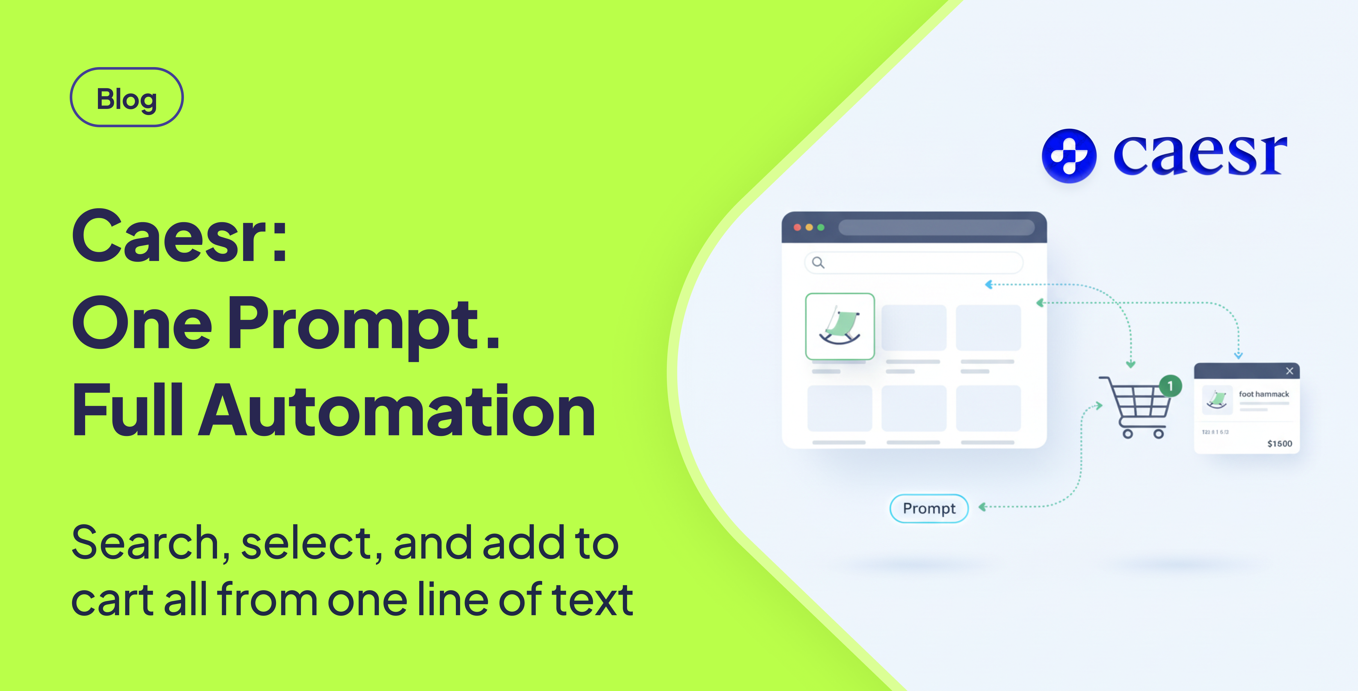 Automation concept: a product search page on the left with a foot hammock item added directly into a shopping cart and checkout window through one prompt