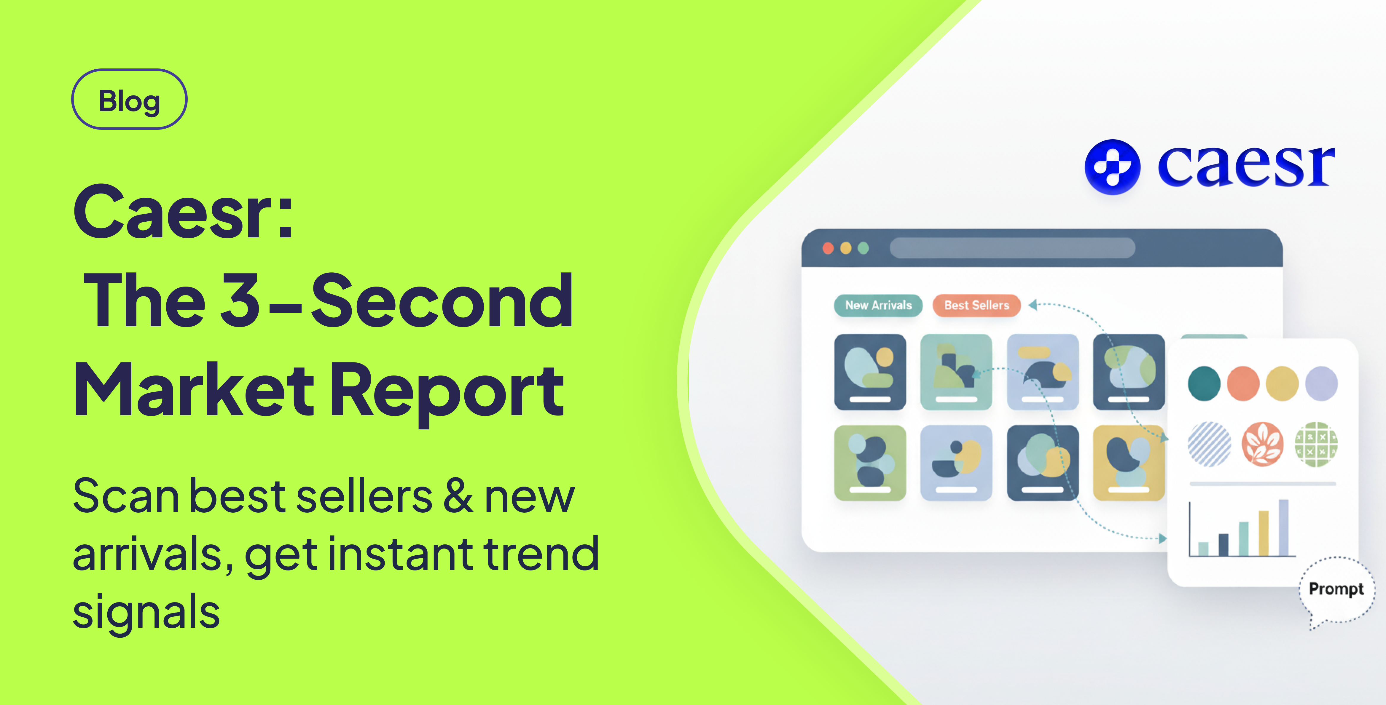 Illustration of an online store’s product grid flowing into a report card with color swatches and pattern icons, representing an instant market trend scan triggered by a prompt.
