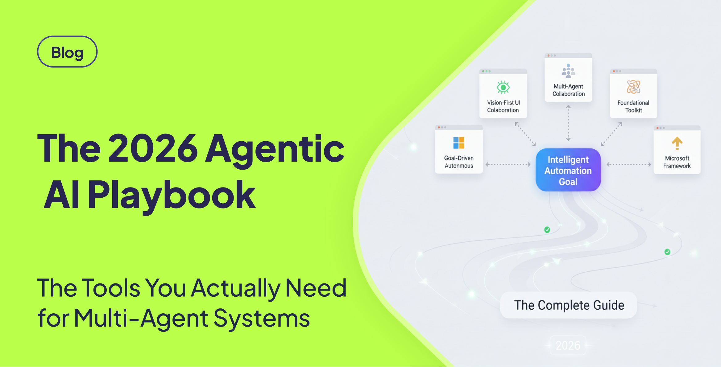 A blog thumbnail with the title 'The 2026 Agentic AI Playbook' and the subtitle 'The Tools You Actually Need for Multi-Agent Systems'. The central graphic features a diagram showing how various AI concepts like 'Multi-Agent Collaboration' and 'Vision-First UI' lead to an 'Intelligent Automation Goal