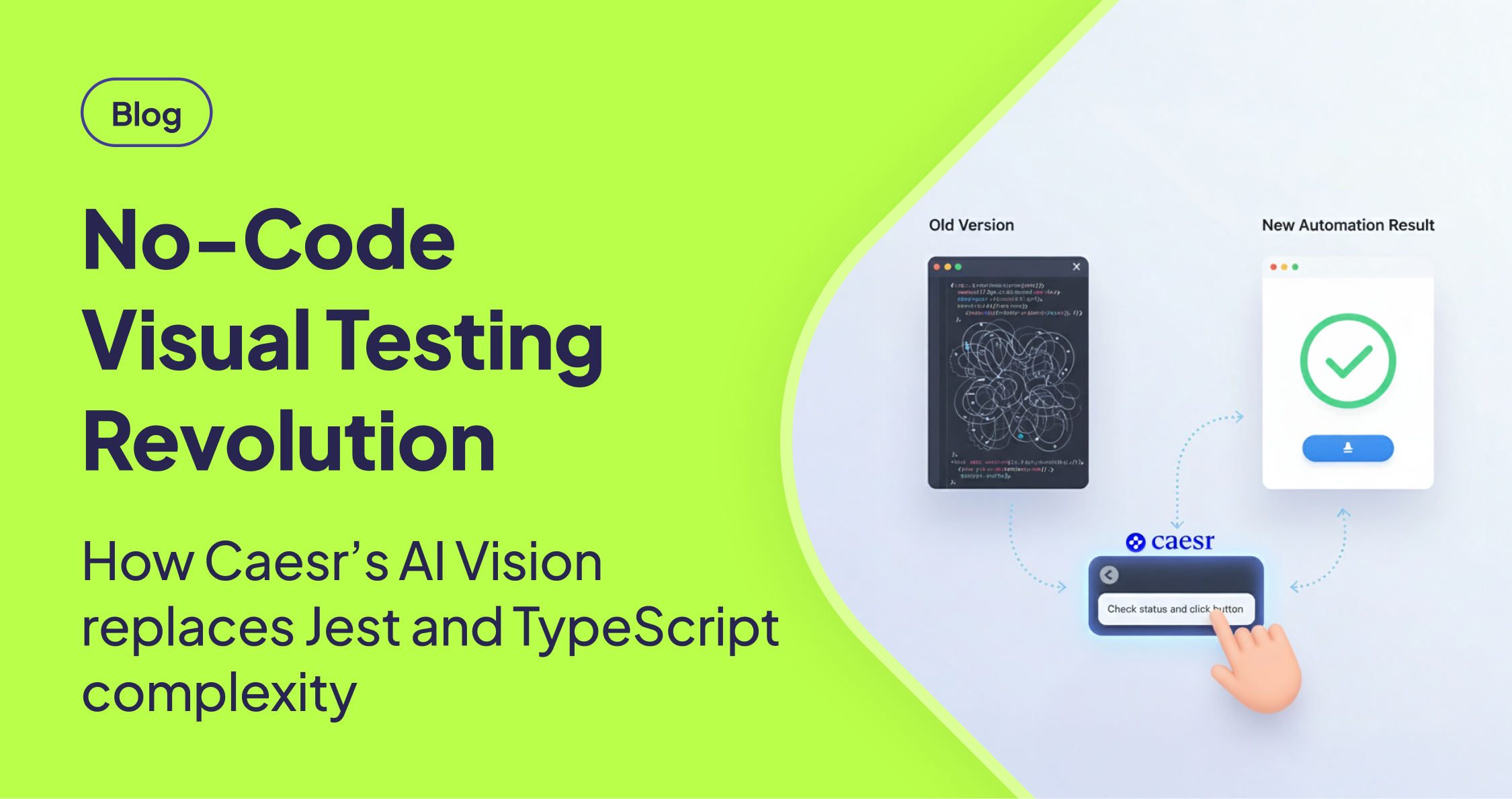 On the left is an "Old Version" code editor with tangled code. On the right, a clean "New Automation Result" screen with a green checkmark. In the center, a Caesr.AI chat interface shows the command "Check status and click button." Dotted arrows illustrate the flow from coding to AI commands and then to a successful result
