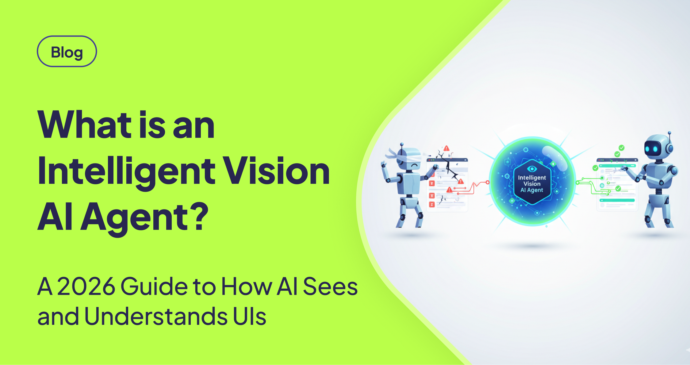 An illustration contrasting a blindfolded robot failing to automate on a broken UI, while a modern vision AI robot successfully automates on a stable UI.