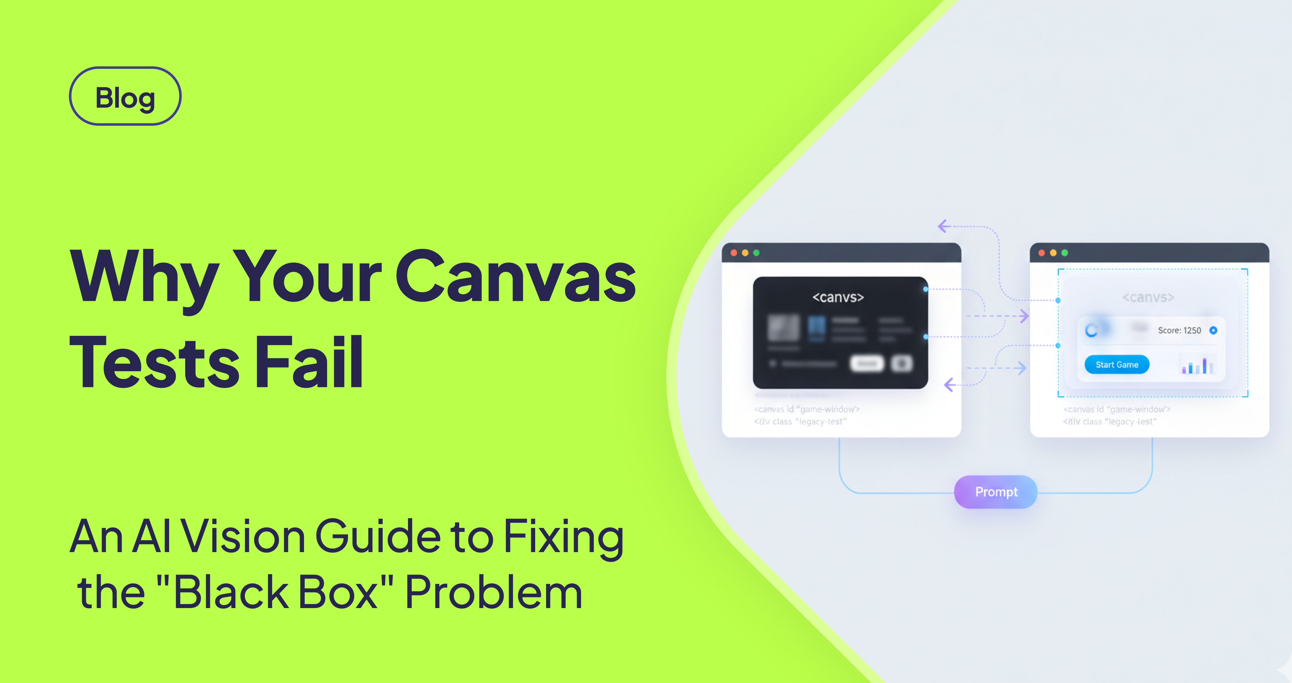 Flat illustration contrasting traditional (black box) vs. AI vision testing (highlighted elements) inside an HTML5 Canvas