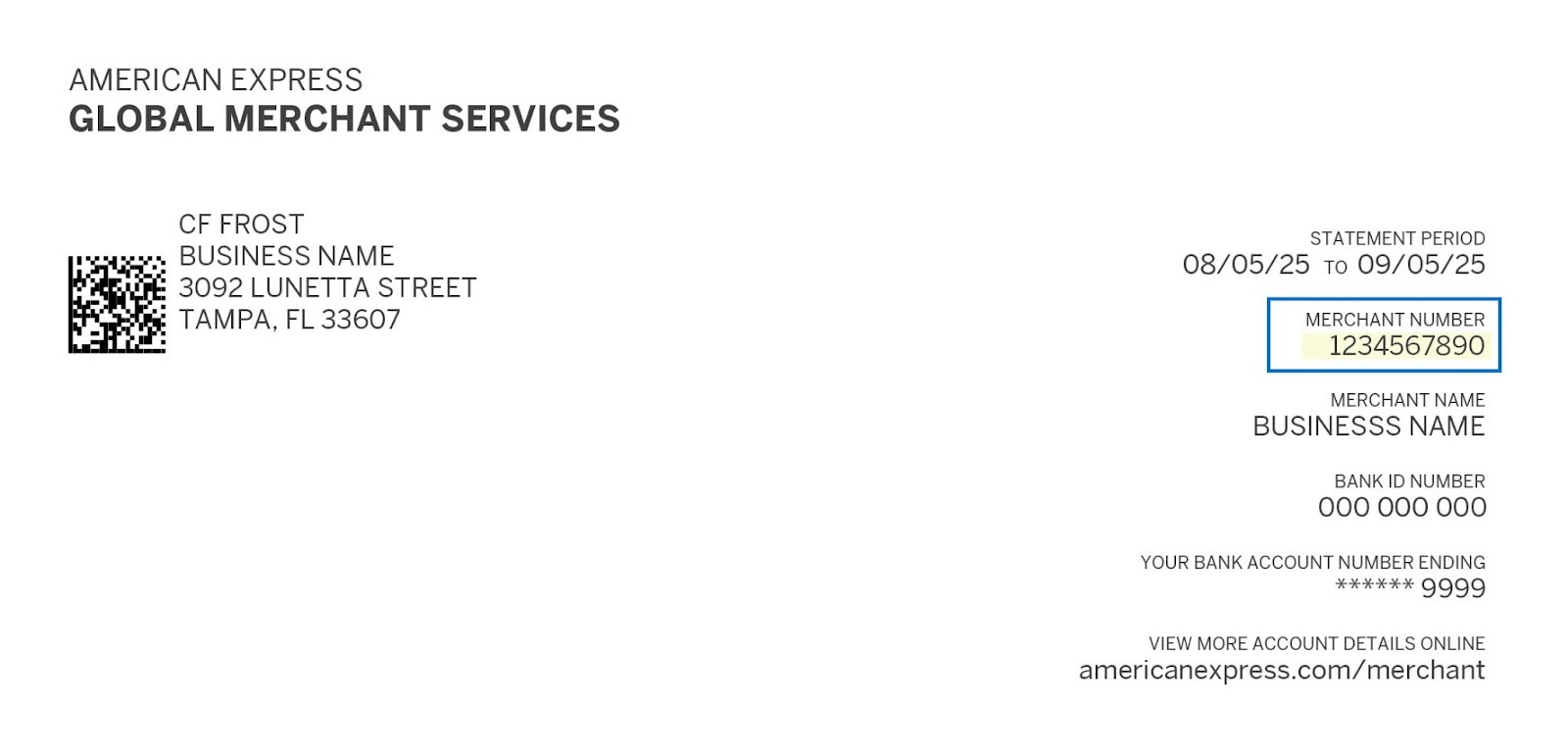 shows where to find merchant number on a letter from American Express