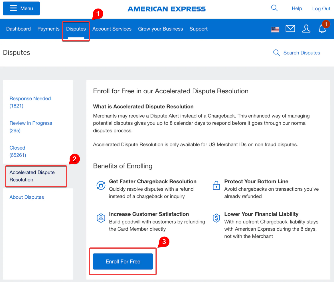 shows where to sign up for AmEx Accelerated Dispute Resolution in the AmEx merchant dashboard