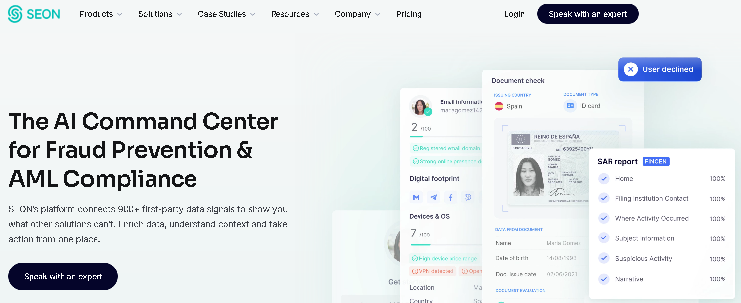 screenshot of SEON fraud prevention's homepage