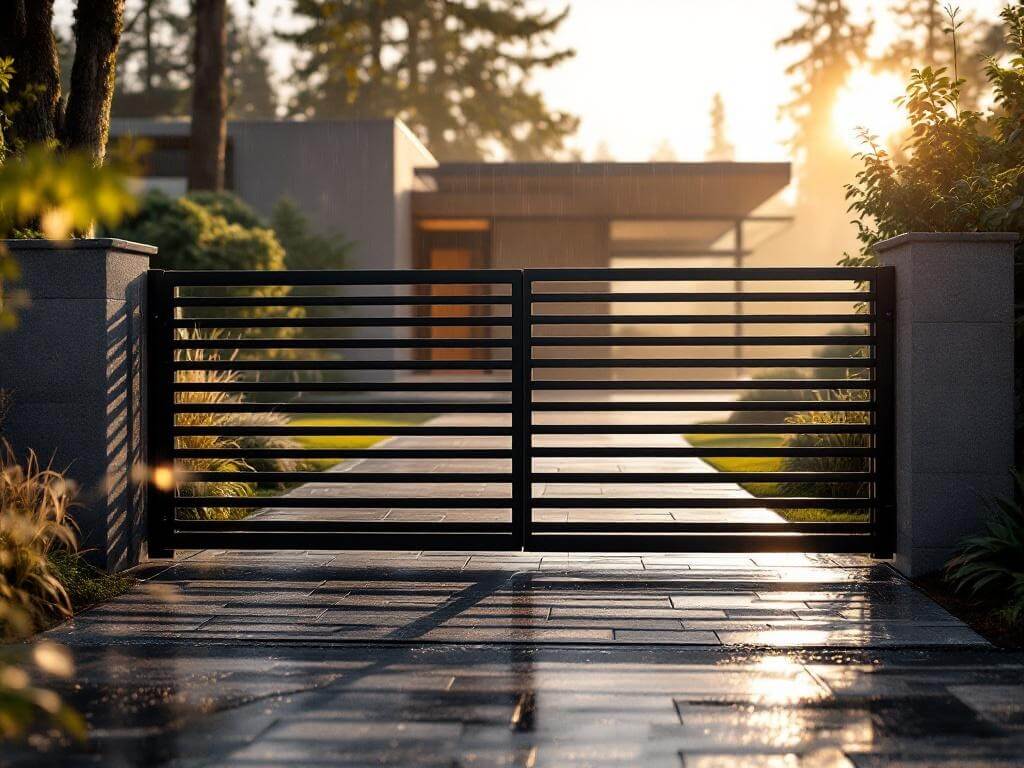 Early morning view of a modern home's black wrought-iron driveway gate in Renton, Washington, with a softly blurred house in the background, under golden-hour sunshine.