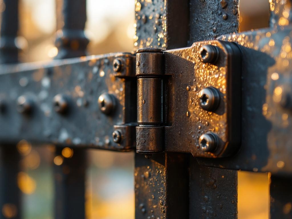 Close-up image of a weathered bronze gate hinge showing intricate metalwork and water droplets, shot with a Canon EOS R5 in golden morning sunlight.