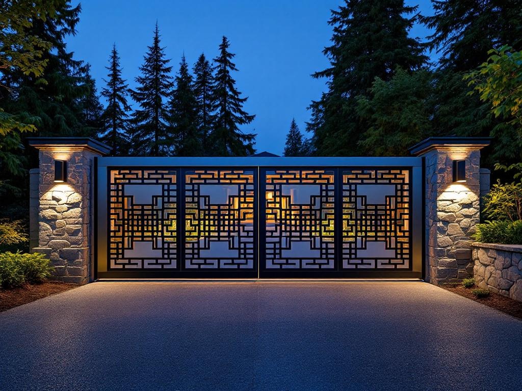Modern sliding gate installation on a sloping driveway in Pacific Northwest setting, with brushed stainless steel frame, geometric patterns, and natural stone pillars, captured during blue hour.