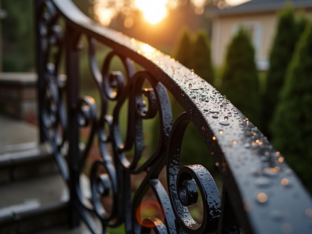 "Close-up of a custom wrought iron railing with intricate scrollwork and matte black finish, captured at golden hour in a Bellevue residence, raindrops reflecting sunset light against a blurred backdrop of Pacific Northwest landscape."