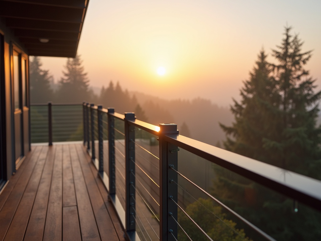Modern glass and cable railing system on a luxurious second-story deck in Bellevue, overlooking a misty Pacific Northwest landscape during golden hour.