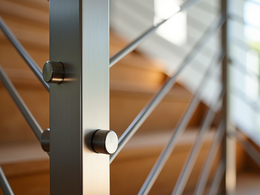 "Close-up of modern stainless steel cable railing system on interior staircase, showcasing sharp focus on nearest cables and posts, with warm-toned wooden stairs in soft focus in the background."