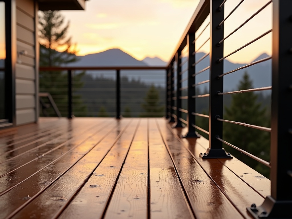 Exterior deck with matte black cable railing system against cedar decking during golden hour, captured on Sony A7R IV. Wet environment reflections on stainless steel cables, with mountains in the distance.