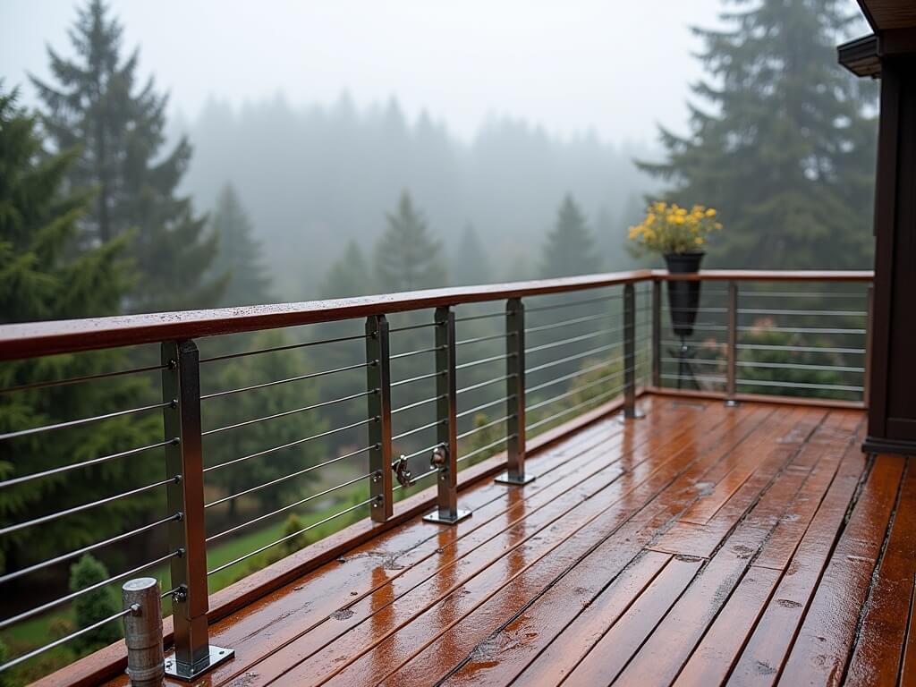 View from a backyard deck in Tukwila on a damp winter morning with stainless steel cable railing, overlooking fog-covered hills and evergreen trees, capturing damp textures and muted green tones using a Nikon D850.