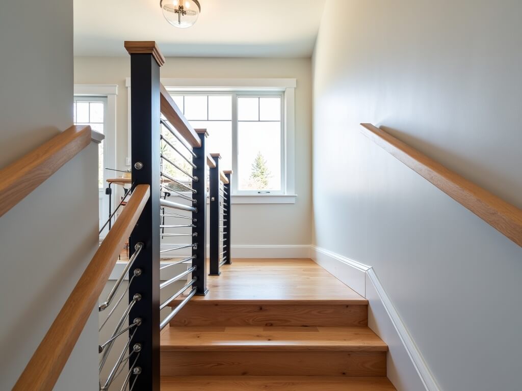 Modern staircase in a renovated Tukwila home with oak flooring, matte black wood posts, tensioned stainless steel cables, and an oak handrail, featuring minimalist design and a cozy environment.