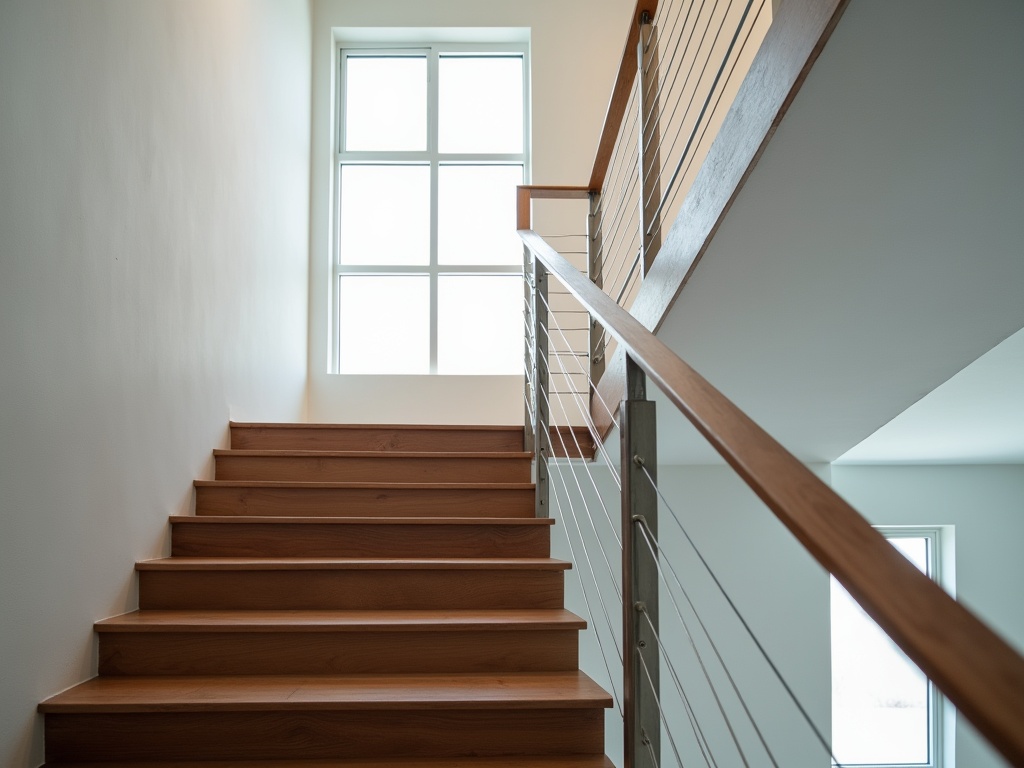 Modern interior stairwell with stainless steel cable railing system and dark maple posts
