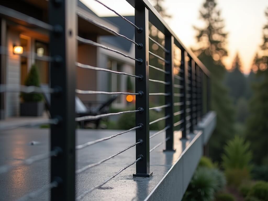 "Custom metal railing with stainless steel cable infill in a high-end residential setting, showcasing precise engineering details and professional installation. Bellevue, WA backdrop."