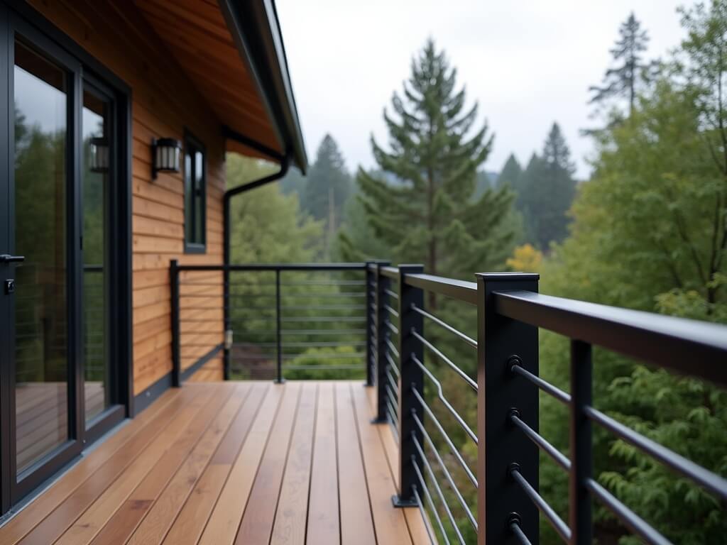 Custom black aluminum railing on a second-story deck of a modern Bellevue home, overlooking Pacific Northwest foliage under overcast skies.