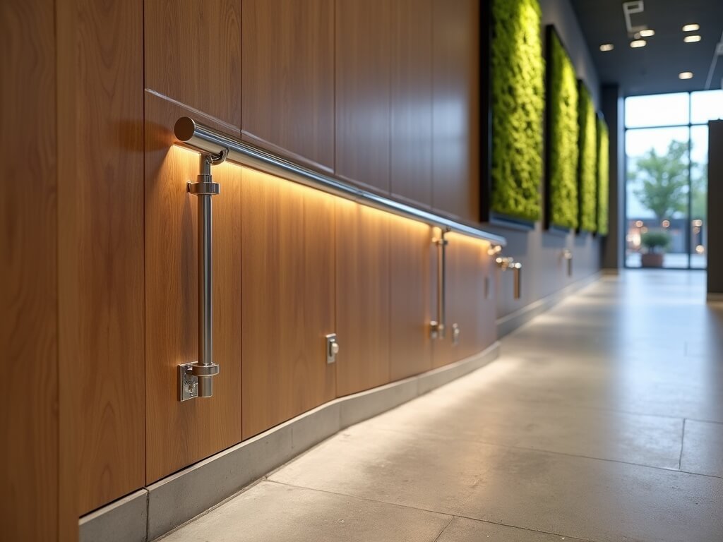 ADA-compliant stainless steel handrail on a sloped ramp inside a modern office, with LED-lit cedar panels, moss wall art, and polished concrete flooring.