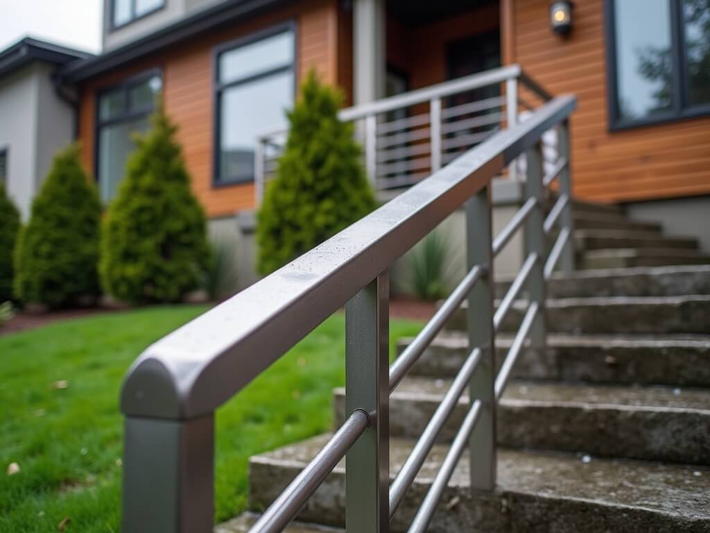 "Custom metal handrail on stone steps in Seattle, with blurred contemporary home and lush greenery in the background, showcasing the handrail's durability in wet climate conditions."