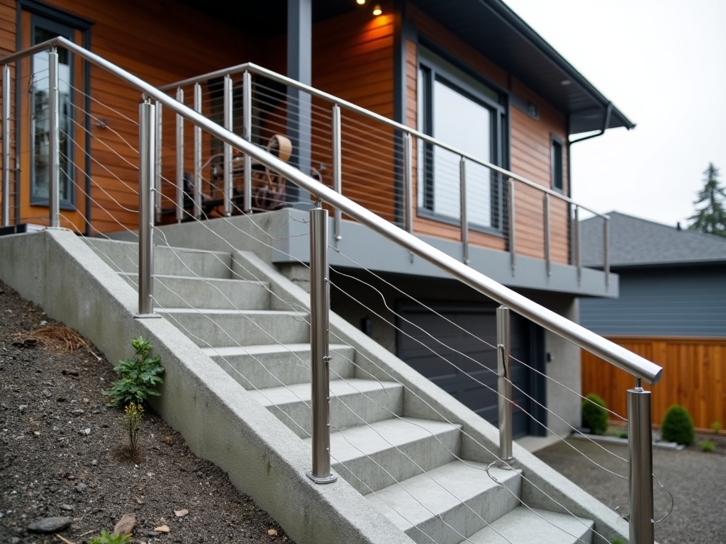 Architectural photography of a minimalist stainless steel railing on concrete stairs in a West Seattle home, captured with natural Pacific Northwest lighting