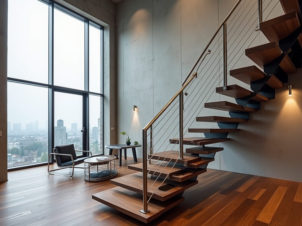 Photorealistic view of a custom stainless-steel handrail on a floating walnut staircase in a minimalist, high-end Seattle condo with skyline view, shot from a mezzanine angle with a Nikon Z9.