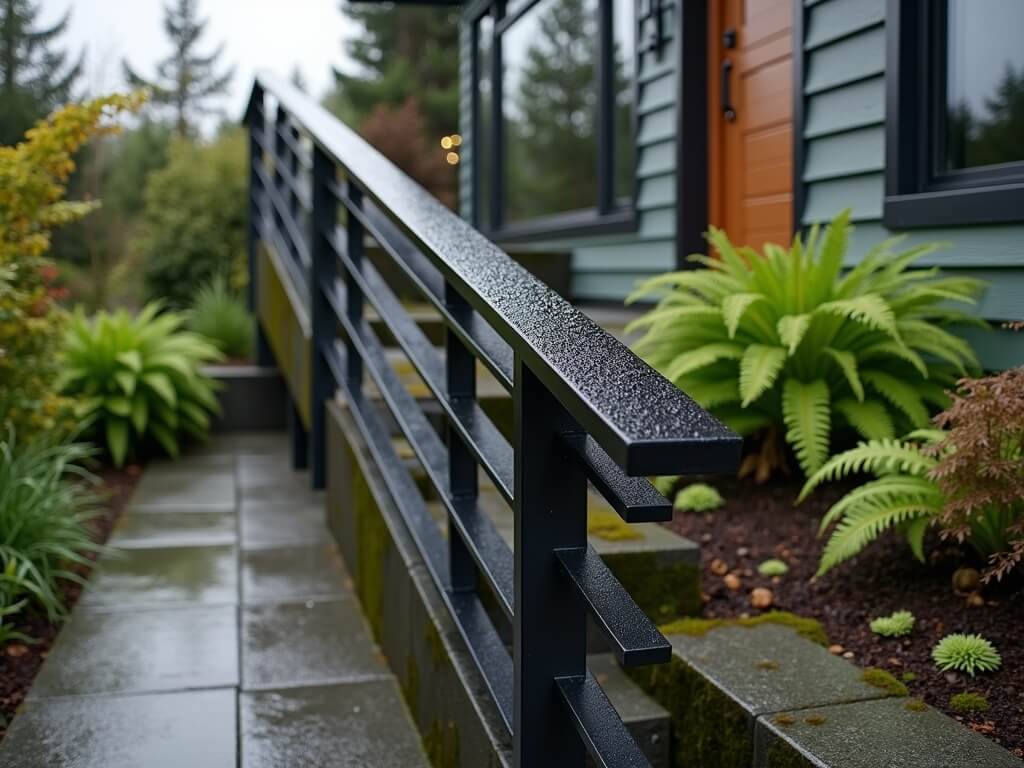 Modern custom matte black steel handrail on an outdoor staircase of a Seattle home, with lush greenery and water droplets in soft, natural light.