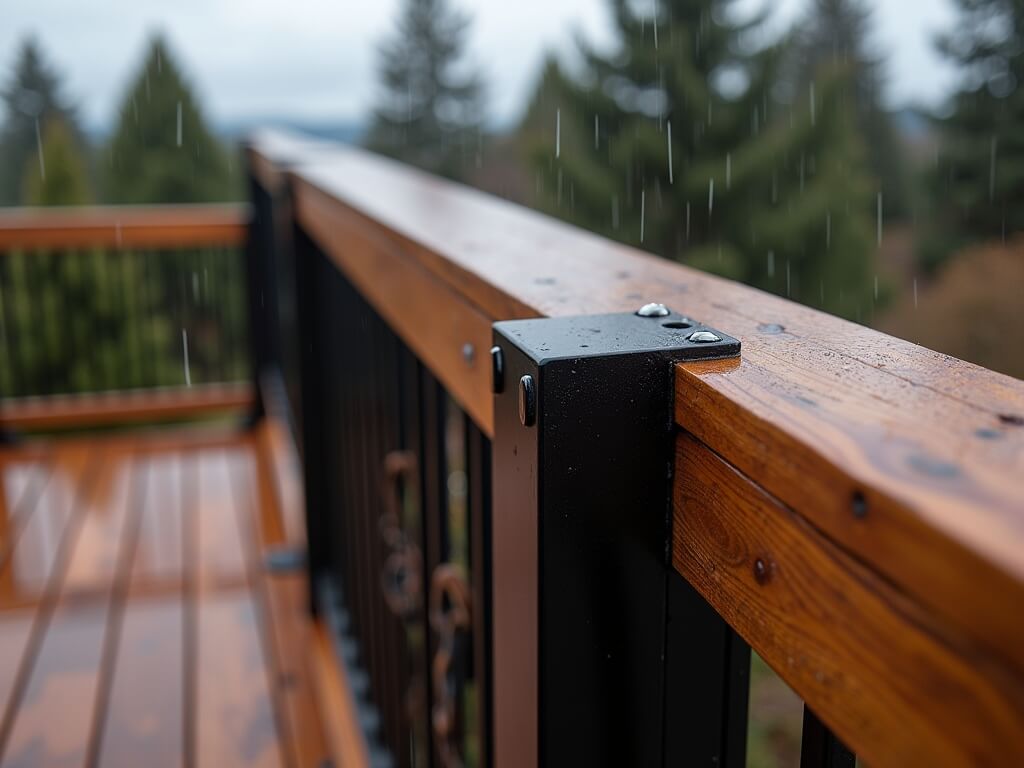 "Close-up of a modern black steel handrail and a weathered cedar wood handrail on outdoor stairs, showcasing contrasting textures and water interaction under overcast Pacific Northwest lighting."