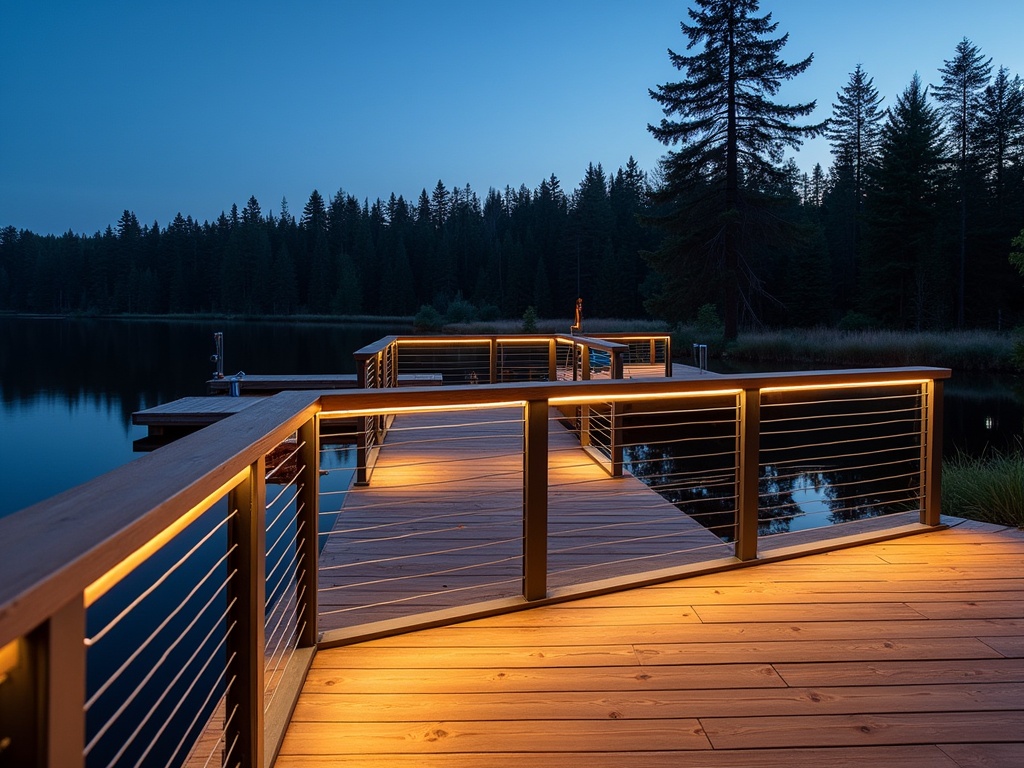 Elegant outdoor deck with redwood railings and LED lighting, weathered dock leading to a calm lake surrounded by dense Pacific Northwest forest at twilight.