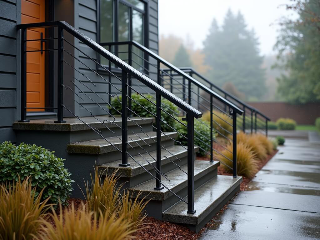 Photorealistic image of a modern black metal railing system on a front staircase in a rainy Seattle suburb, showcasing the handrail's sleek design and weather resistance.