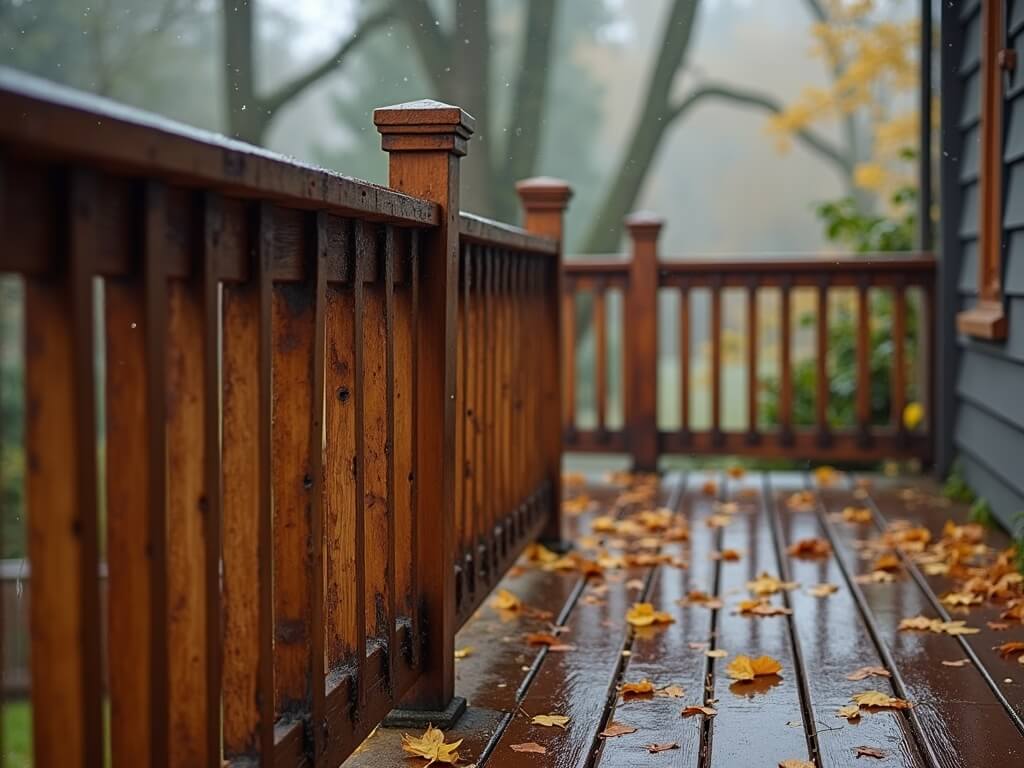 Autumn morning view of a weathered Craftsman-style porch railing in Renton, Washington, highlighting maintenance concerns with wet leaves, cracked wood, and peeling finish.
