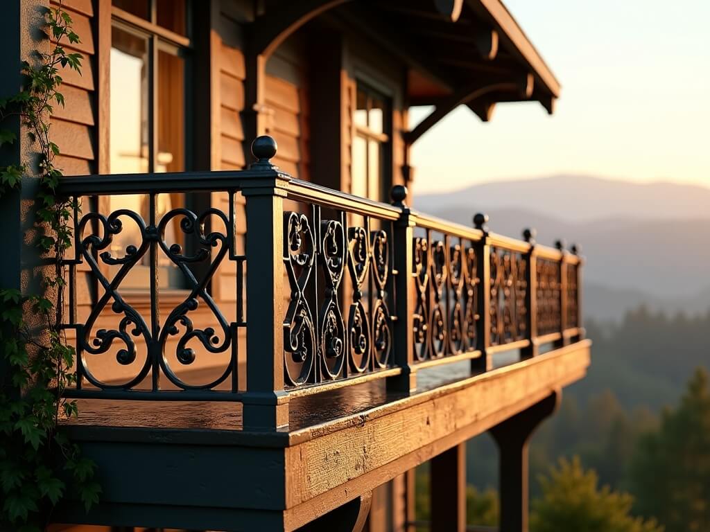 Wrought iron balcony railing with intricately hammered scrollwork on a historic craftsman home in Snoqualmie, WA, with softly blurred Cascade foothills in the background.
