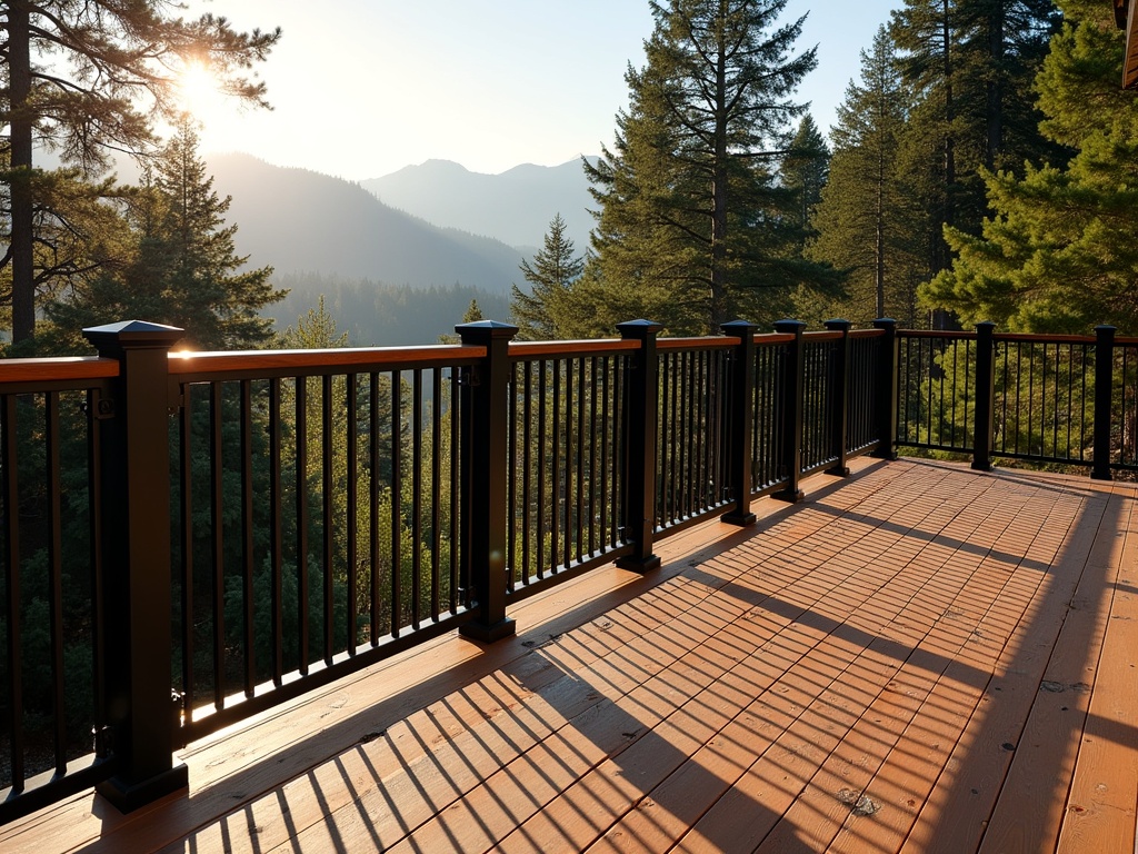 Custom black wrought iron railing on cedar deck in Pacific Northwest, with dense forest and Cascade Mountains in the backdrop during golden hour.
