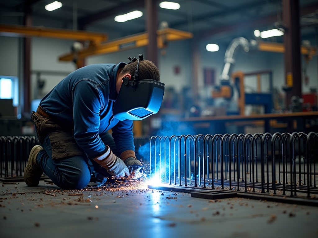 Metalworker precision-welding ornamental steel at a professional workshop, with stock materials, cutting equipment and completed railings in the background.
