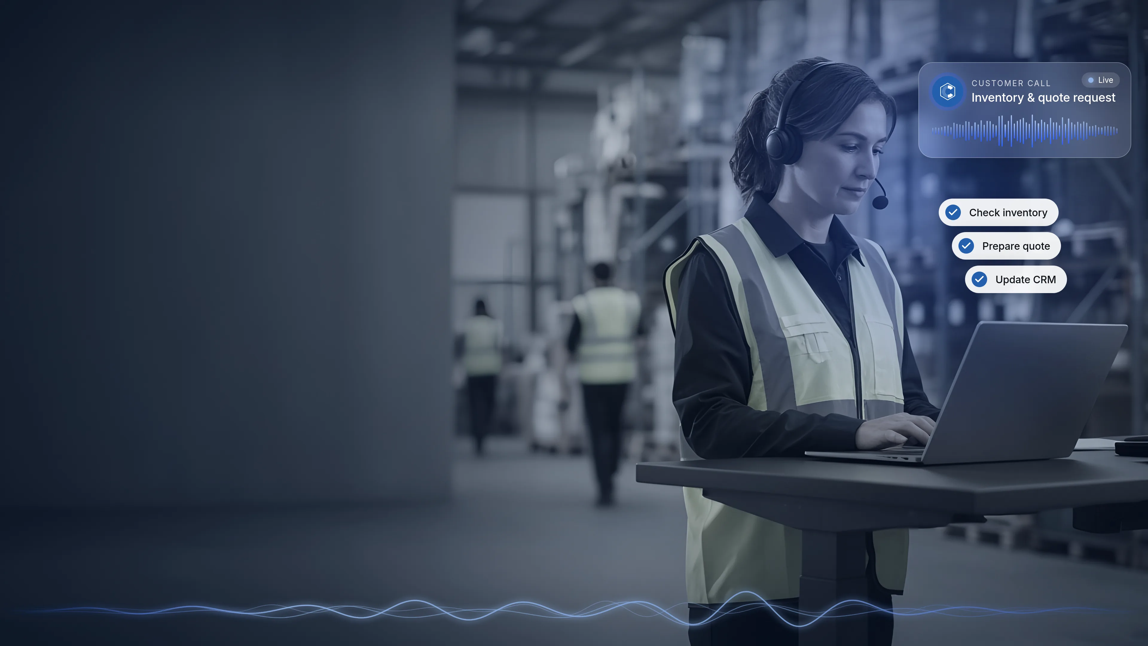 Customer service rep wearing a headset at a laptop in a warehouse office, with a call card for an inventory and quote request