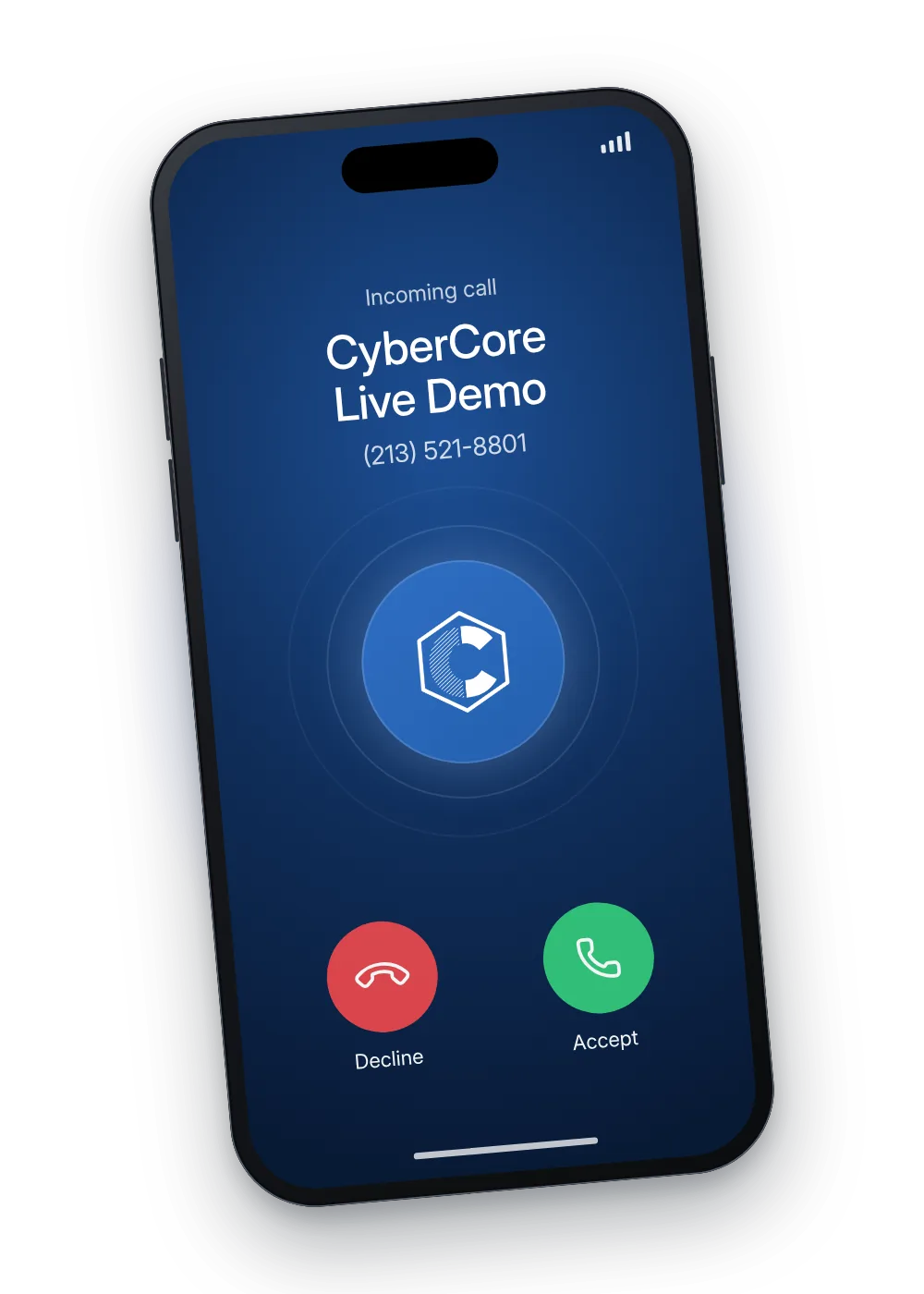 Phone showing an incoming call from the CyberCore AI Demo line