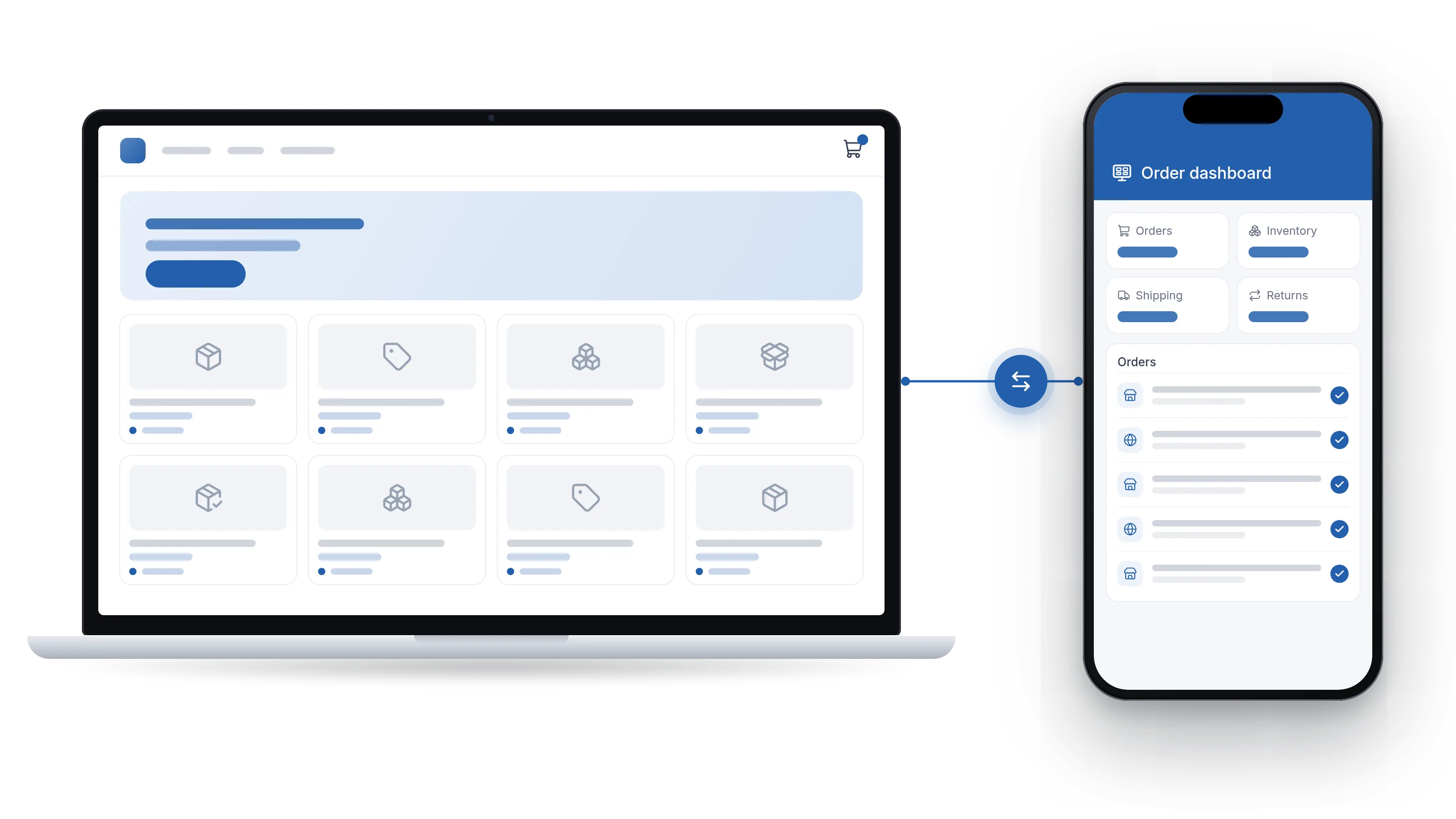 Laptop with an online storefront and phone with an Acumatica-style order dashboard